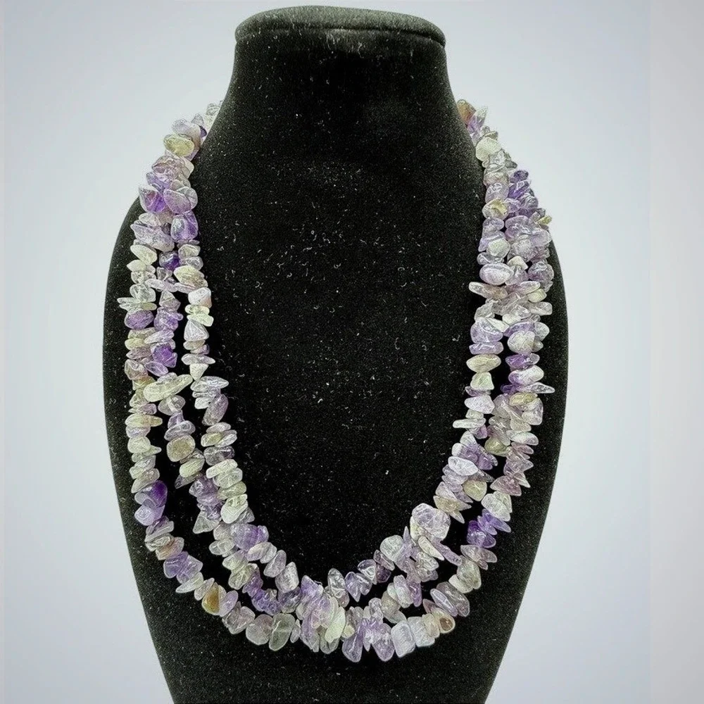 Amethyst Chip Beaded Necklace 18" Gemstone 3 Layers Purple Stone Natural Tested - Picture 1 of 9